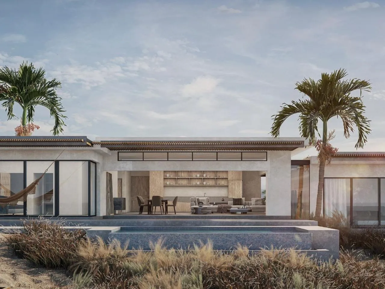 Renderizado de la terraza exterior con alberca de Casa AD