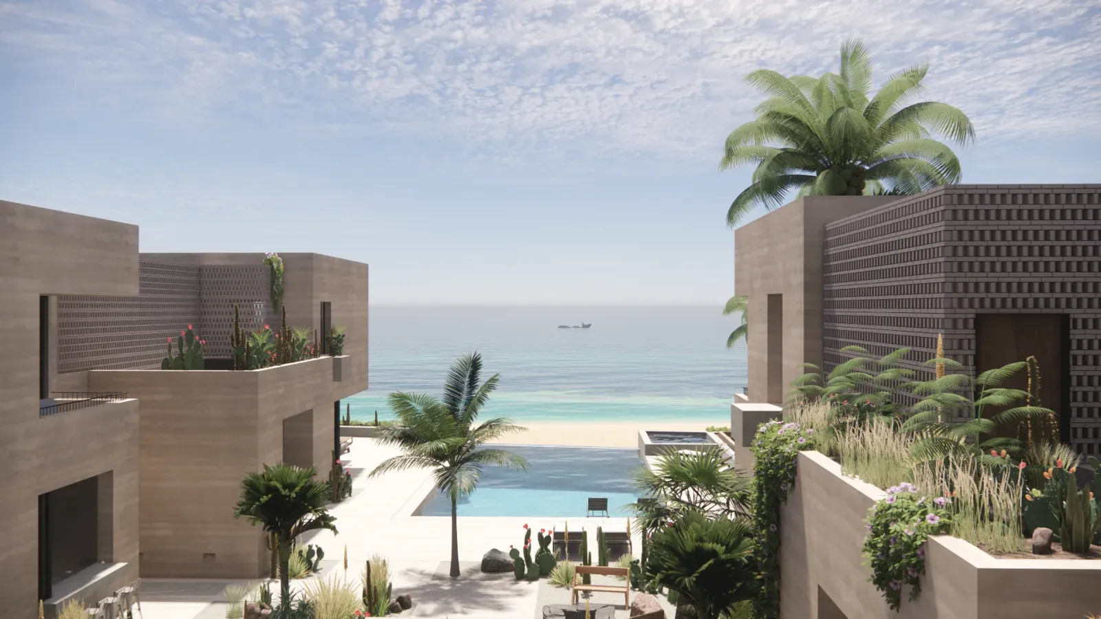Render arquitectónico del patio exterior de Casa Laguna 6