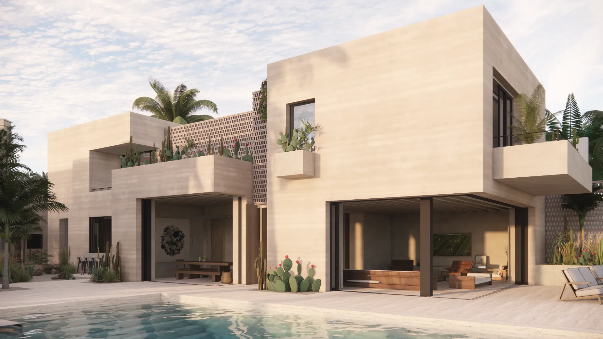 Render arquitectónico de la terraza con alberca de Casa Laguna 6