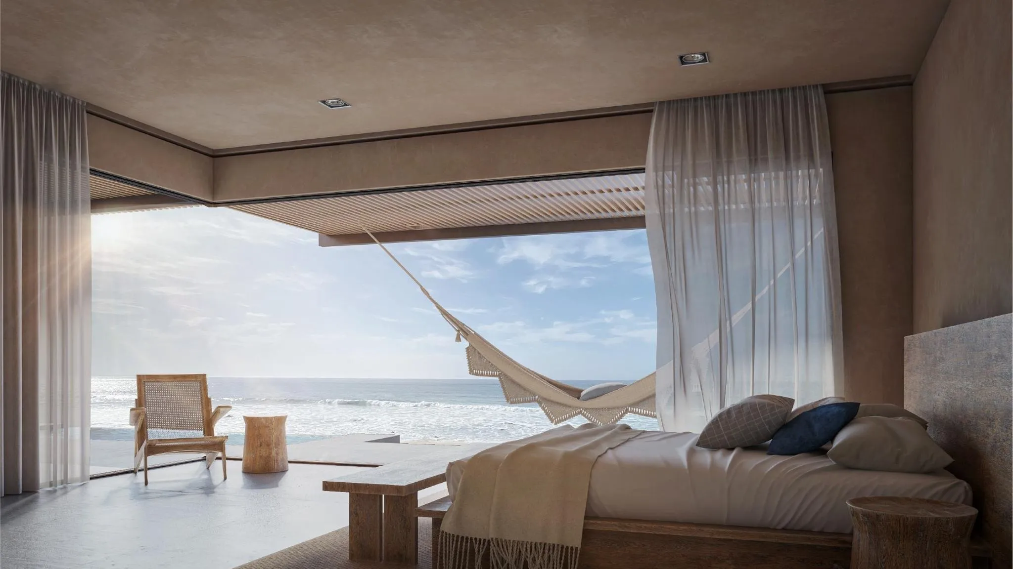 Renderizado de la recámara principal abierta al mar en Casa AD