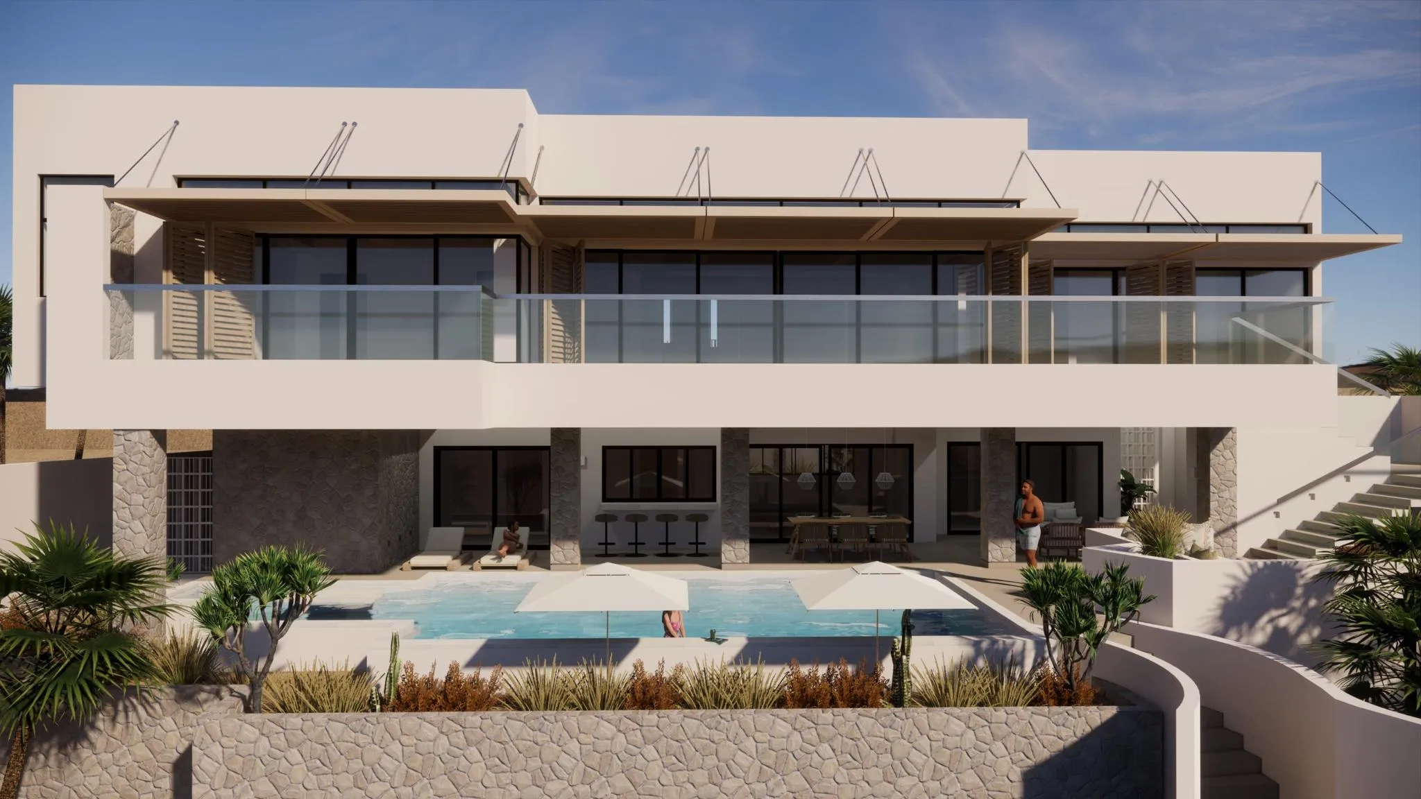 Renderizado de la terraza posterior con alberca de Casa Mar